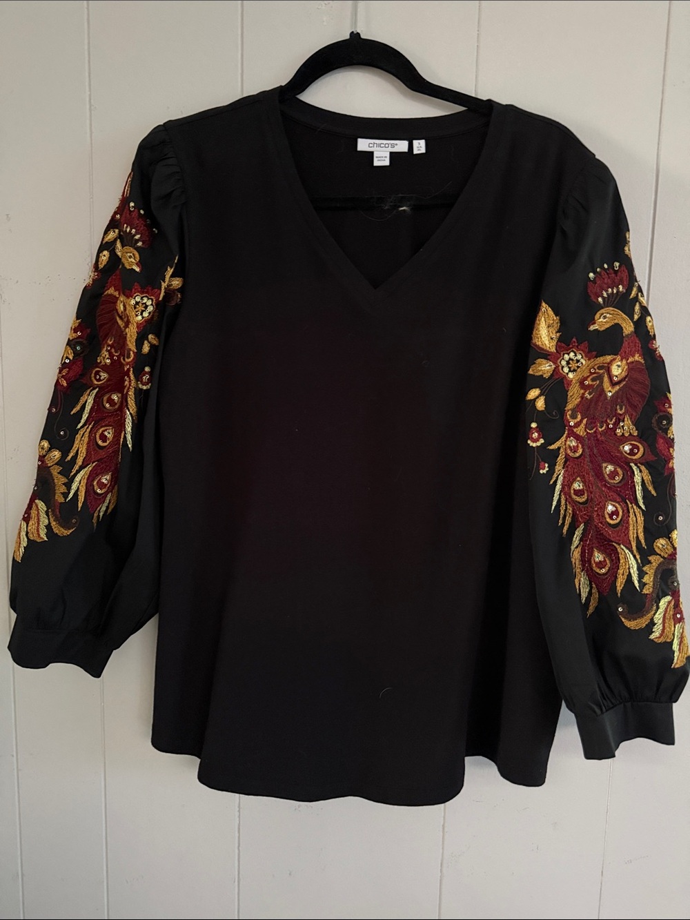 Chico's Black V-Neck Top with Embroidered Red & Gold Sleeves
